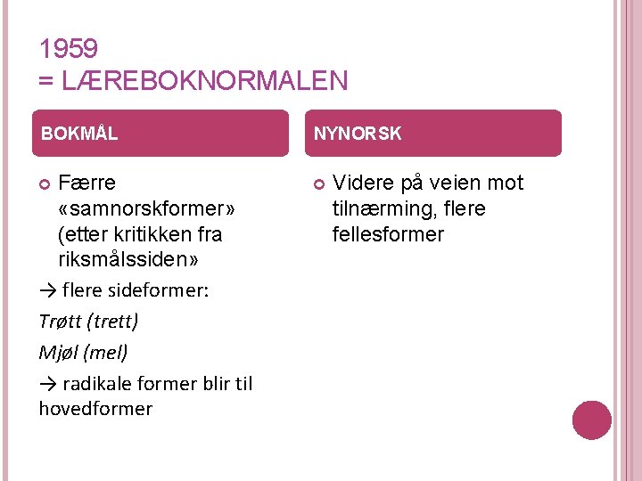 1959 = LÆREBOKNORMALEN BOKMÅL NYNORSK Færre «samnorskformer» (etter kritikken fra riksmålssiden» → flere sideformer: 1959 = LÆREBOKNORMALEN BOKMÅL NYNORSK Færre «samnorskformer» (etter kritikken fra riksmålssiden» → flere sideformer: