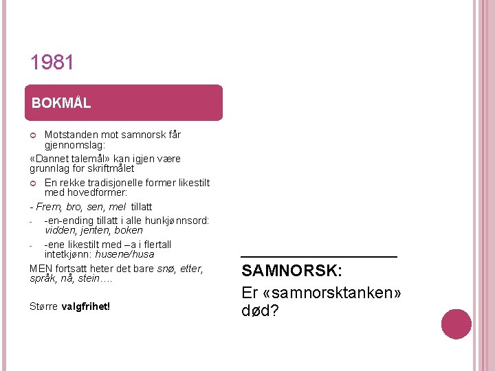 1981 BOKMÅL Motstanden mot samnorsk får gjennomslag: «Dannet talemål» kan igjen være grunnlag for