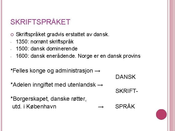 SKRIFTSPRÅKET - Skriftspråket gradvis erstattet av dansk. 1350: norrønt skriftspråk 1500: dansk dominerende 1600: