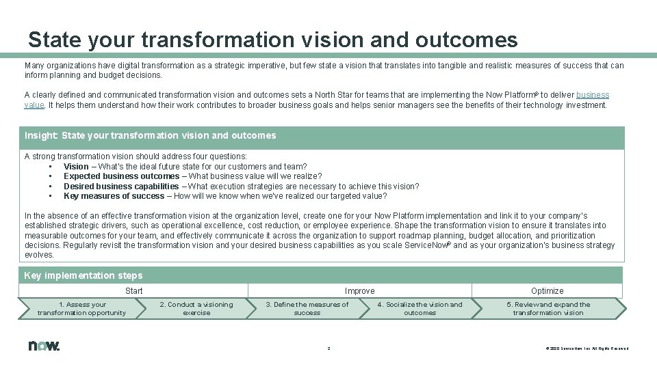 State your transformation vision and outcomes Many organizations have digital transformation as a strategic