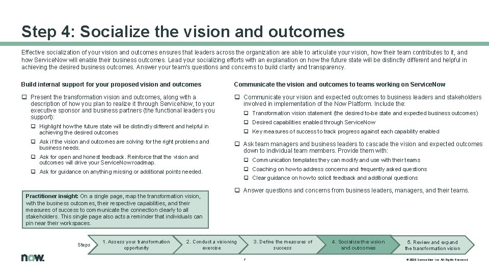 Step 4: Socialize the vision and outcomes Effective socialization of your vision and outcomes