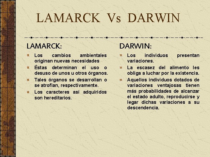 LAMARCK Vs DARWIN LAMARCK: Los cambios ambientales originan nuevas necesidades Éstas determinan el uso