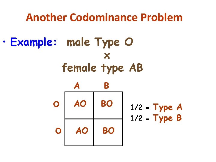 Another Codominance Problem • Example: male Type O x female type AB A B