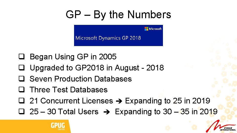 GP – By the Numbers q q q Began Using GP in 2005 Upgraded