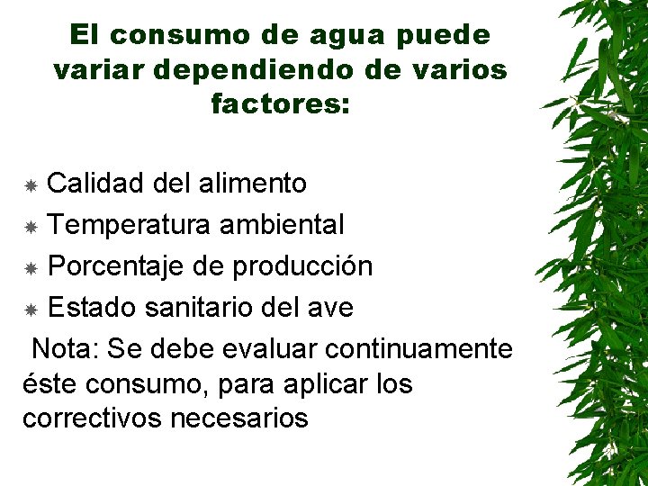 El consumo de agua puede variar dependiendo de varios factores: Calidad del alimento Temperatura