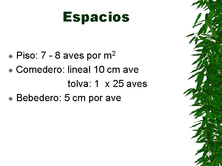 Espacios Piso: 7 - 8 aves por m 2 Comedero: lineal 10 cm ave