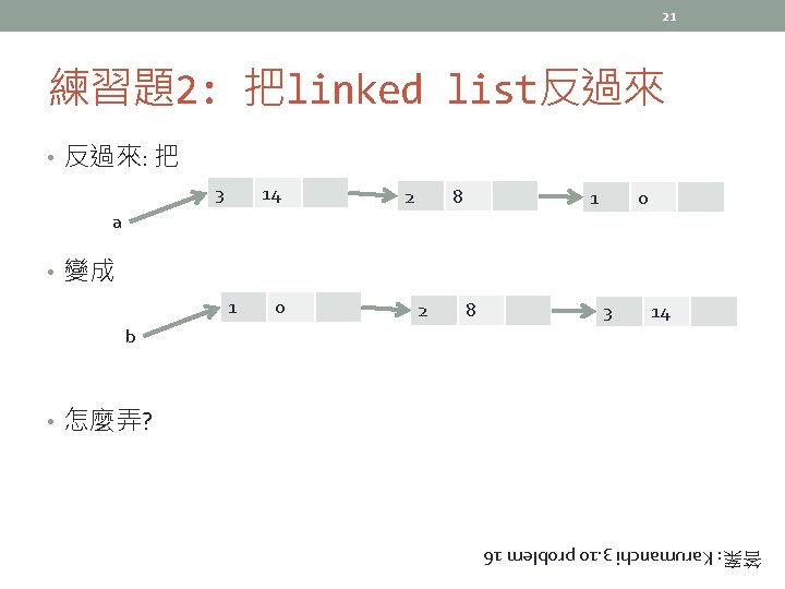 21 練習題2: 把linked list反過來 • 反過來: 把 3 14 2 8 1 0 a