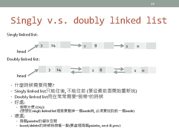 22 Singly v. s. doubly linked list Singly linked list: 3 14 2 8