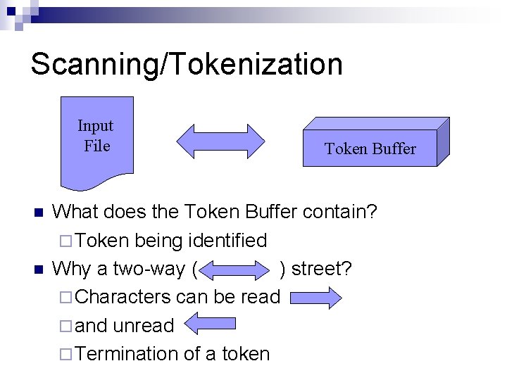 Scanning/Tokenization Input File n n Token Buffer What does the Token Buffer contain? ¨