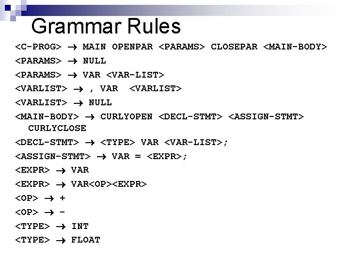 Grammar Rules <C-PROG> MAIN OPENPAR <PARAMS> CLOSEPAR <MAIN-BODY> <PARAMS> NULL <PARAMS> VAR <VAR-LIST> <VARLIST>