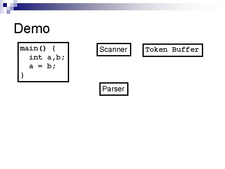 Demo main() { int a, b; a = b; } Scanner Parser Token Buffer