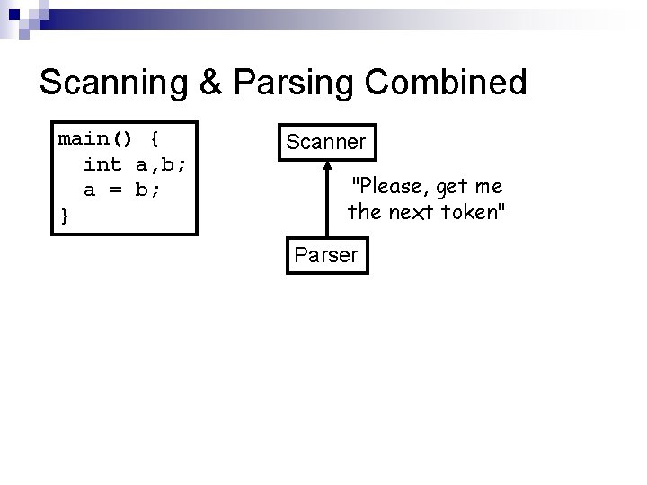 Scanning & Parsing Combined main() { int a, b; a = b; } Scanner