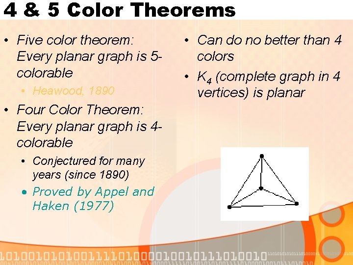 4 & 5 Color Theorems • Five color theorem: Every planar graph is 5