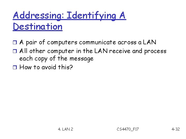 Addressing: Identifying A Destination r A pair of computers communicate across a LAN r