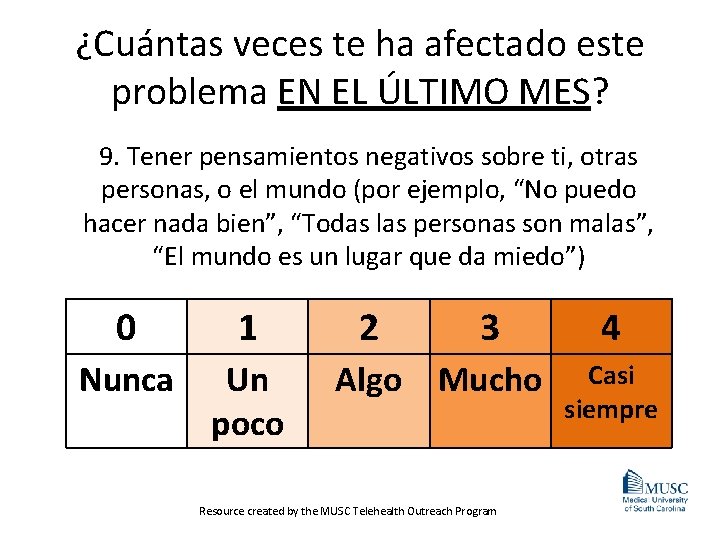 ¿Cuántas veces te ha afectado este problema EN EL ÚLTIMO MES? 9. Tener pensamientos