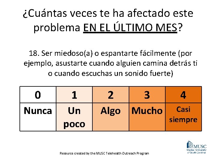 ¿Cuántas veces te ha afectado este problema EN EL ÚLTIMO MES? 18. Ser miedoso(a)