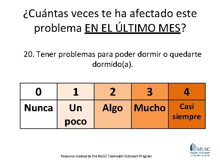 ¿Cuántas veces te ha afectado este problema EN EL ÚLTIMO MES? 20. Tener problemas