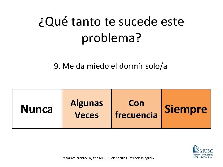 ¿Qué tanto te sucede este problema? 9. Me da miedo el dormir solo/a Nunca