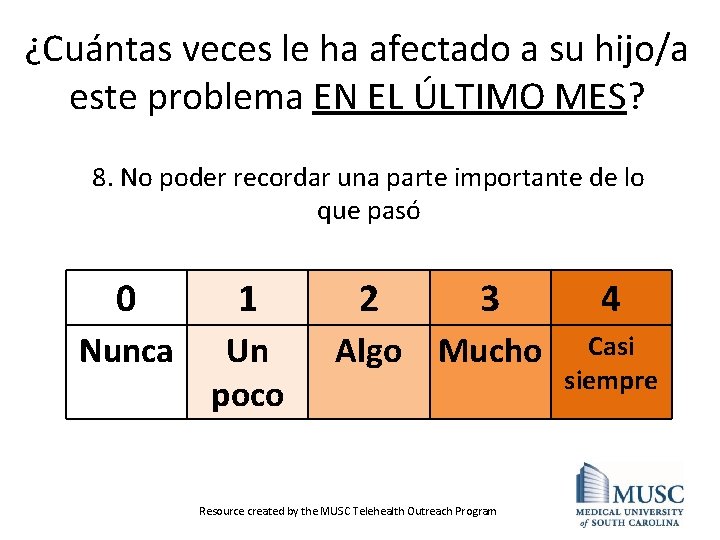 ¿Cuántas veces le ha afectado a su hijo/a este problema EN EL ÚLTIMO MES?