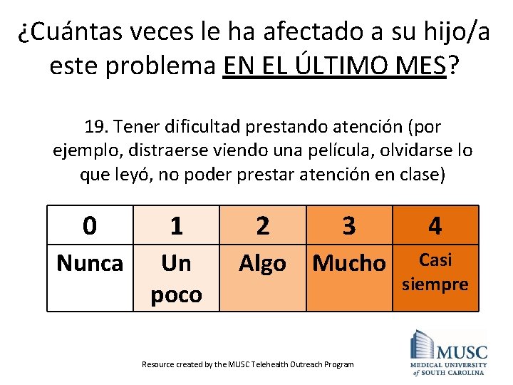 ¿Cuántas veces le ha afectado a su hijo/a este problema EN EL ÚLTIMO MES?