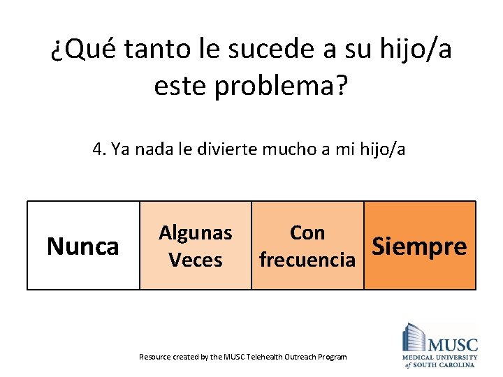 ¿Qué tanto le sucede a su hijo/a este problema? 4. Ya nada le divierte