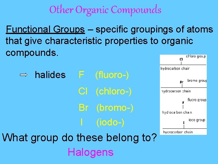 Other Organic Compounds Functional Groups – specific groupings of atoms that give characteristic properties