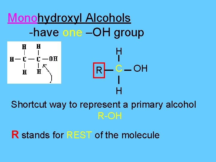 Monohydroxyl Alcohols -have one –OH group H R C OH H Shortcut way to