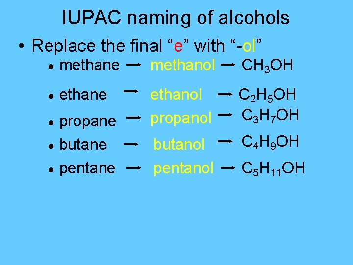 IUPAC naming of alcohols • Replace the final “e” with “-ol” ● methane methanol