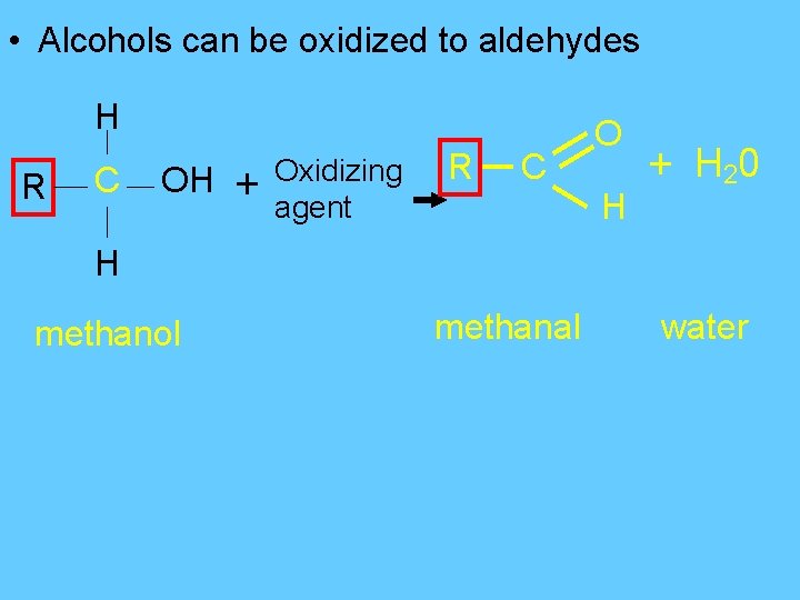  • Alcohols can be oxidized to aldehydes H R C OH + Oxidizing