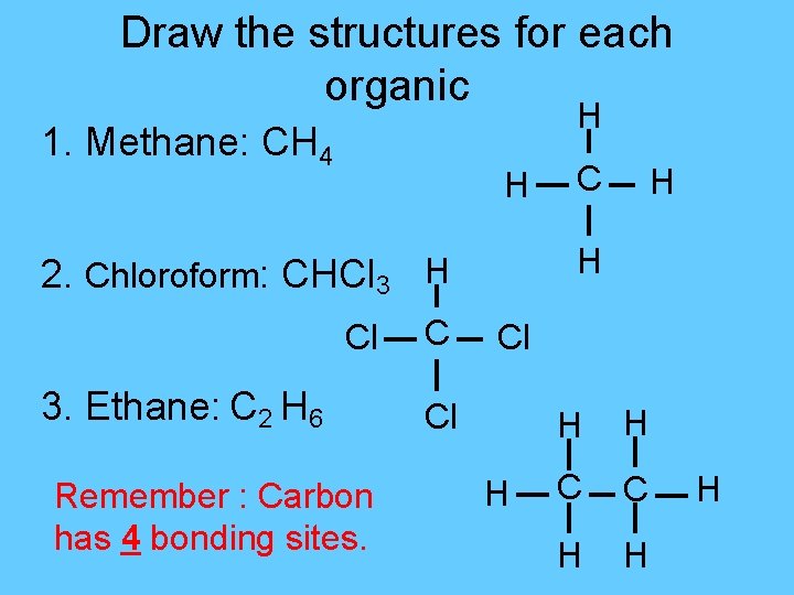 Draw the structures for each organic H 1. Methane: CH 4 H 3. Ethane: