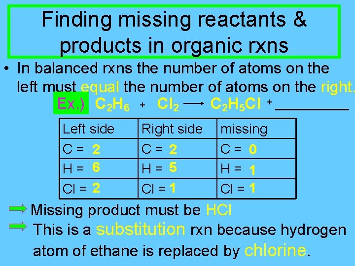 Finding missing reactants & products in organic rxns • In balanced rxns the number
