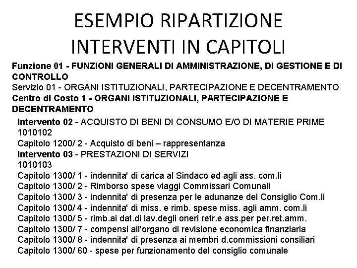 ESEMPIO RIPARTIZIONE INTERVENTI IN CAPITOLI Funzione 01 - FUNZIONI GENERALI DI AMMINISTRAZIONE, DI GESTIONE