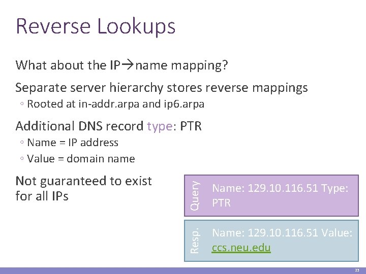 Reverse Lookups What about the IP name mapping? Separate server hierarchy stores reverse mappings