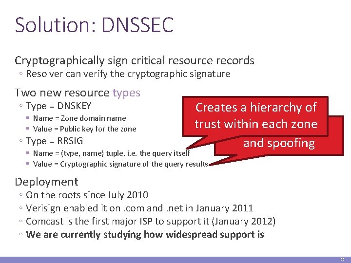 Solution: DNSSEC Cryptographically sign critical resource records ◦ Resolver can verify the cryptographic signature