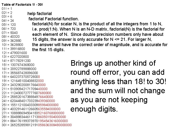 Table of Factorials 1! - 30! 01! = 1 02! = 2 help factorial