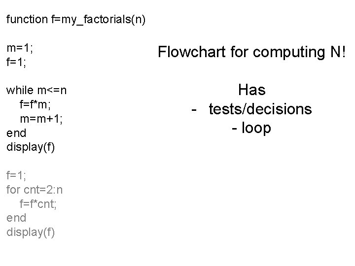 function f=my_factorials(n) m=1; f=1; while m<=n f=f*m; m=m+1; end display(f) f=1; for cnt=2: n