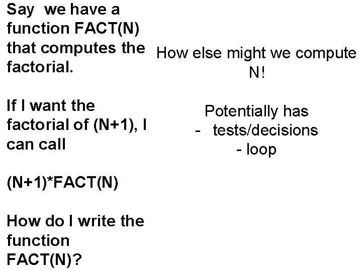 Say we have a function FACT(N) that computes the How else might we compute