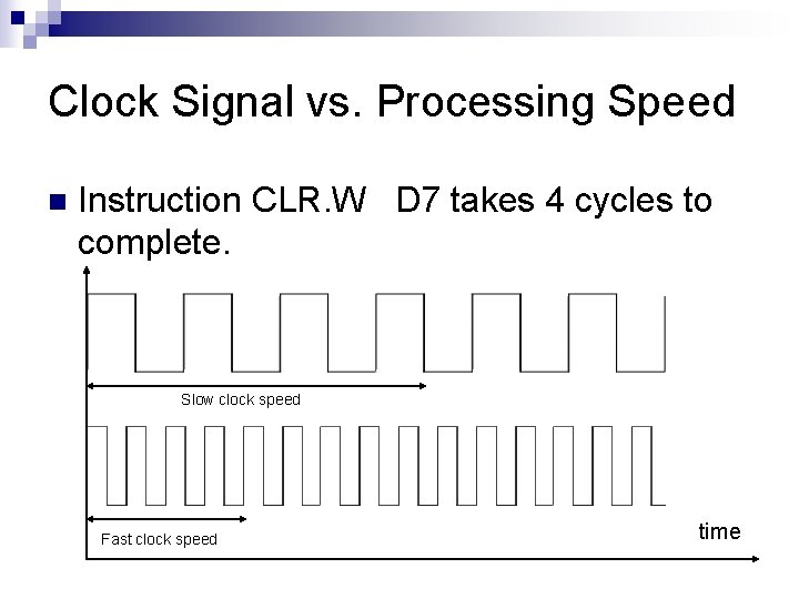 Clock Signal vs. Processing Speed n Instruction CLR. W D 7 takes 4 cycles