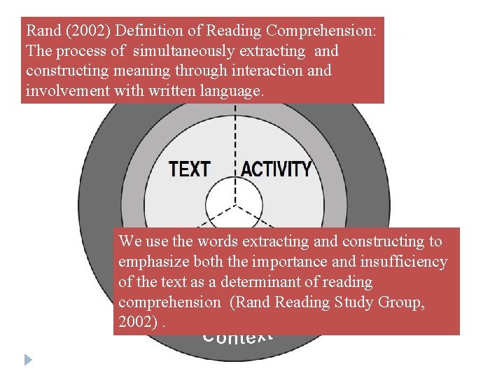 Rand (2002) Definition of Reading Comprehension: The process of simultaneously extracting and constructing meaning