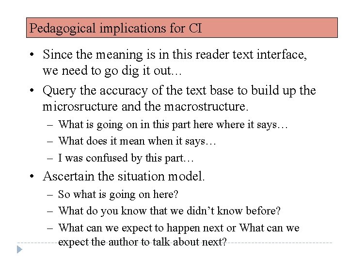 Pedagogical implications for CI • Since the meaning is in this reader text interface,