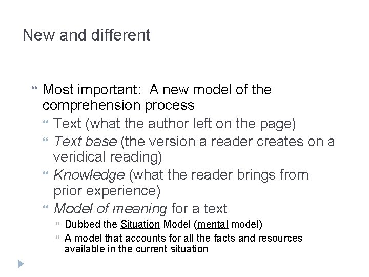 New and different Most important: A new model of the comprehension process Text (what