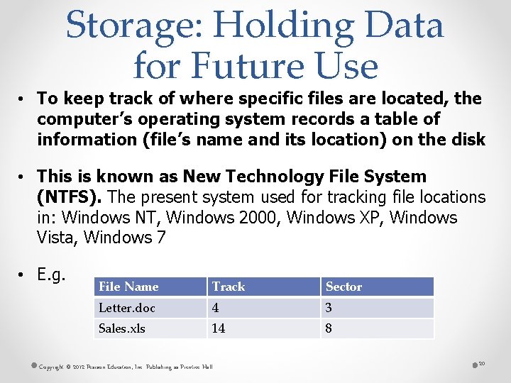 Storage: Holding Data for Future Use • To keep track of where specific files