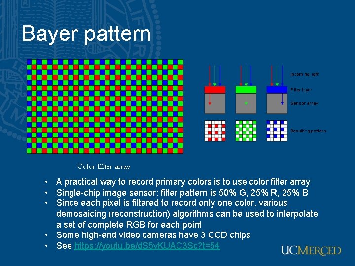 Bayer pattern Color filter array • A practical way to record primary colors is Bayer pattern Color filter array • A practical way to record primary colors is