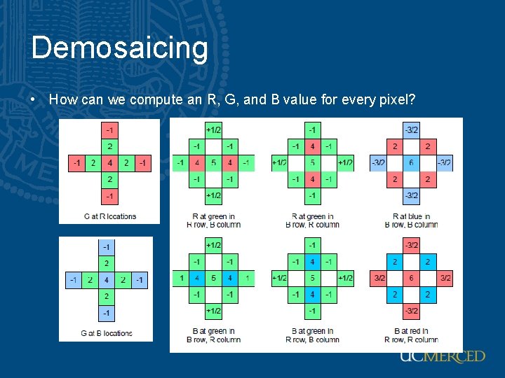 Demosaicing • How can we compute an R, G, and B value for every Demosaicing • How can we compute an R, G, and B value for every
