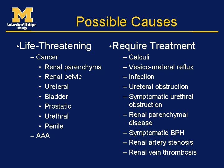 Possible Causes • Life-Threatening – Cancer • Renal parenchyma • Renal pelvic • Ureteral