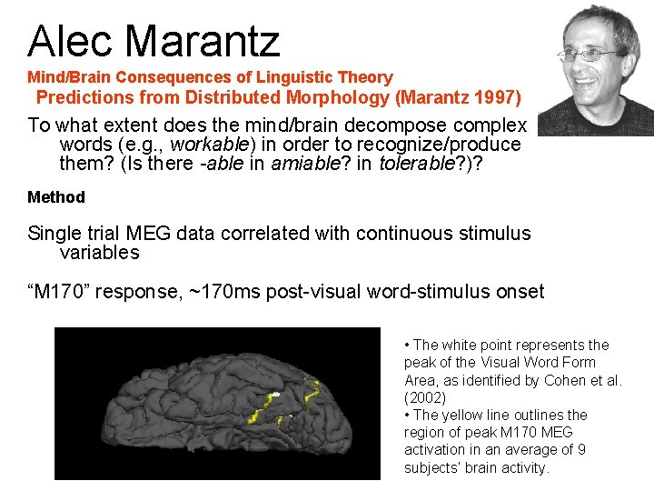 Alec Marantz Mind/Brain Consequences of Linguistic Theory Predictions from Distributed Morphology (Marantz 1997) To