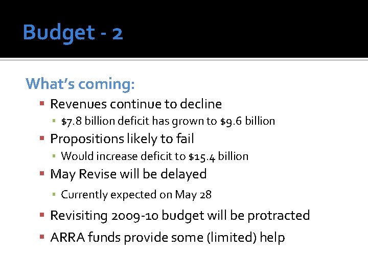 Budget - 2 What’s coming: Revenues continue to decline ▪ $7. 8 billion deficit