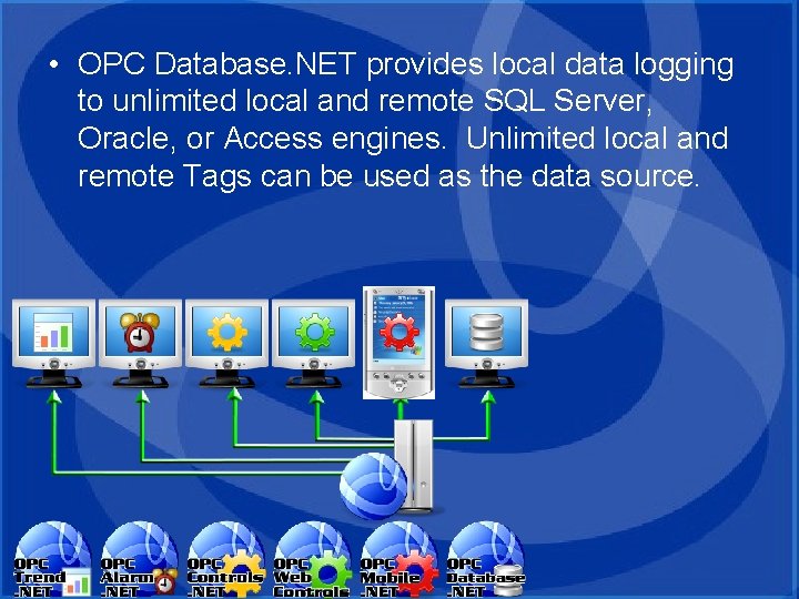 • OPC Database. NET provides local data logging to unlimited local and remote • OPC Database. NET provides local data logging to unlimited local and remote