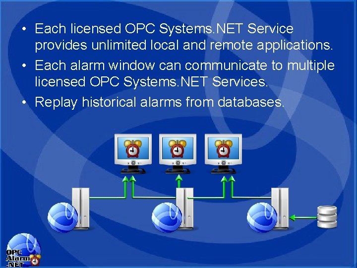 • Each licensed OPC Systems. NET Service provides unlimited local and remote applications. • Each licensed OPC Systems. NET Service provides unlimited local and remote applications.