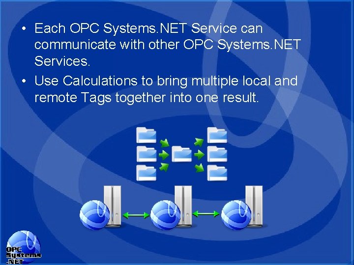 • Each OPC Systems. NET Service can communicate with other OPC Systems. NET • Each OPC Systems. NET Service can communicate with other OPC Systems. NET